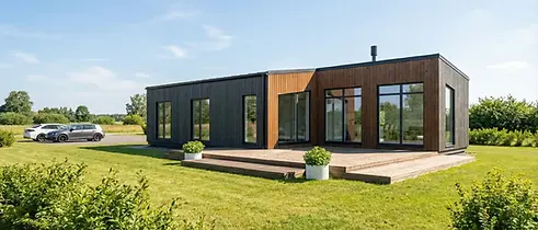 Moodulmaja Nõmme on modernne ühekordne eramu tumeda ja naturaalse puidu kombinatsiooniga, 