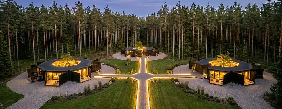 Kolm valgustatud ringjat moodulmajade kompleksi õhtuhämaruses Eesti metsade vahel..webp