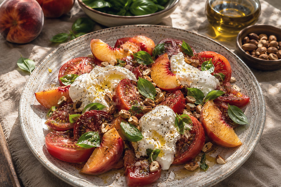 Tomato, peach and burrata salad with fresh basil, toasted almonds and extra-virgin olive oil.