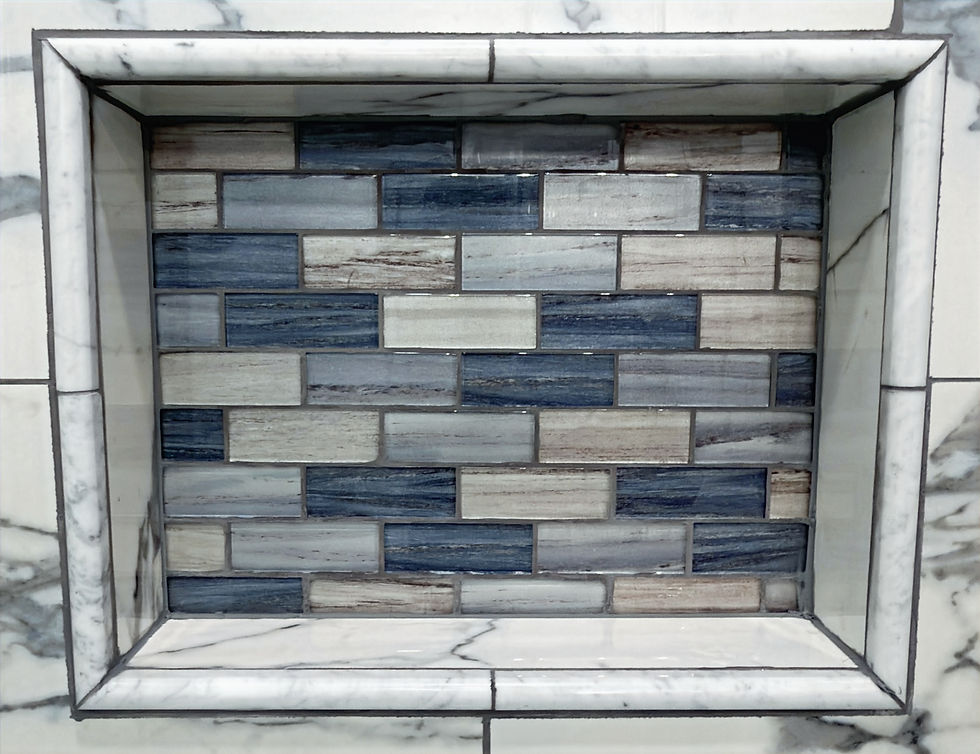 Glass mosaic niche for new tub surround in bathroom remodel, Scarsdale NY.