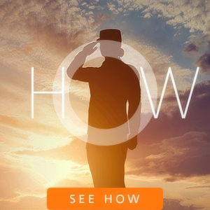 Silhouette of saluting person at sunset, text overlay.