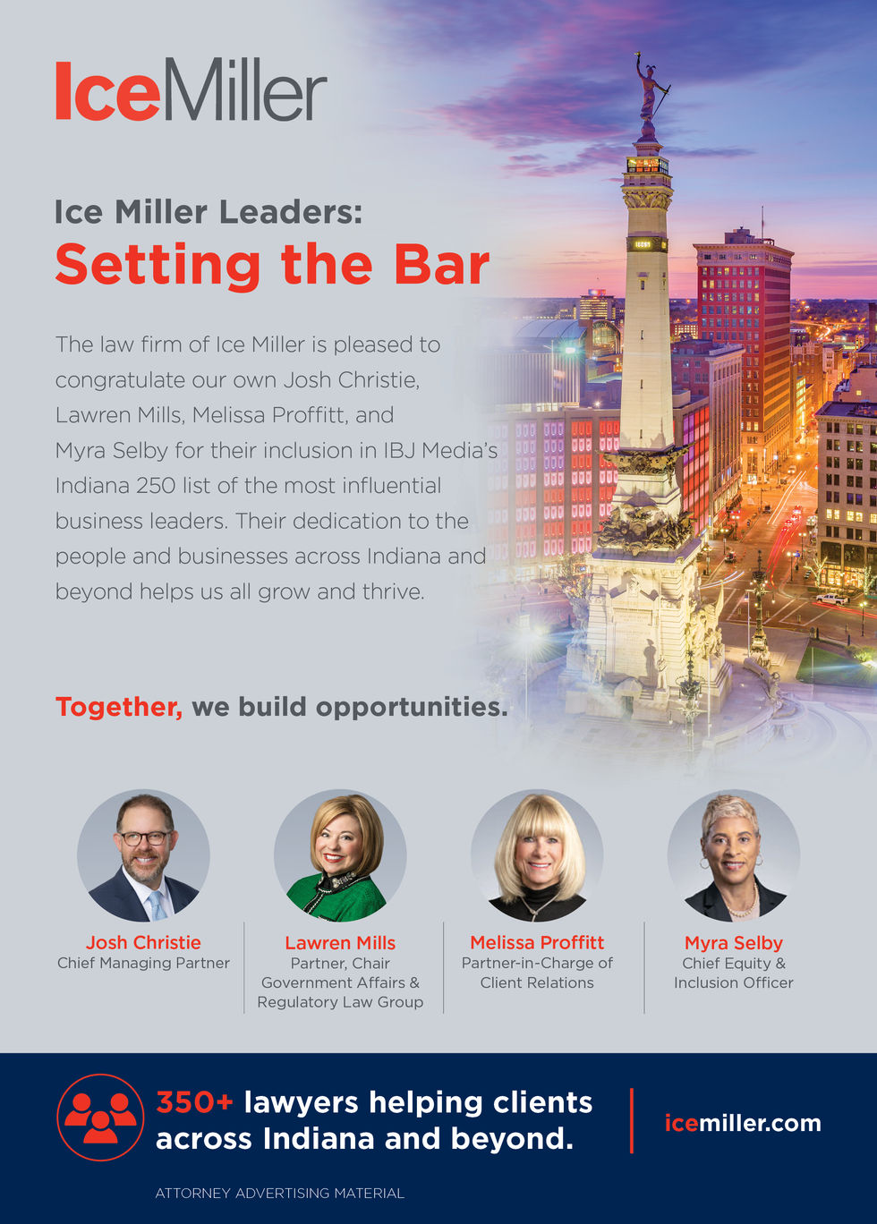 Four people featured with cityscape background and text.