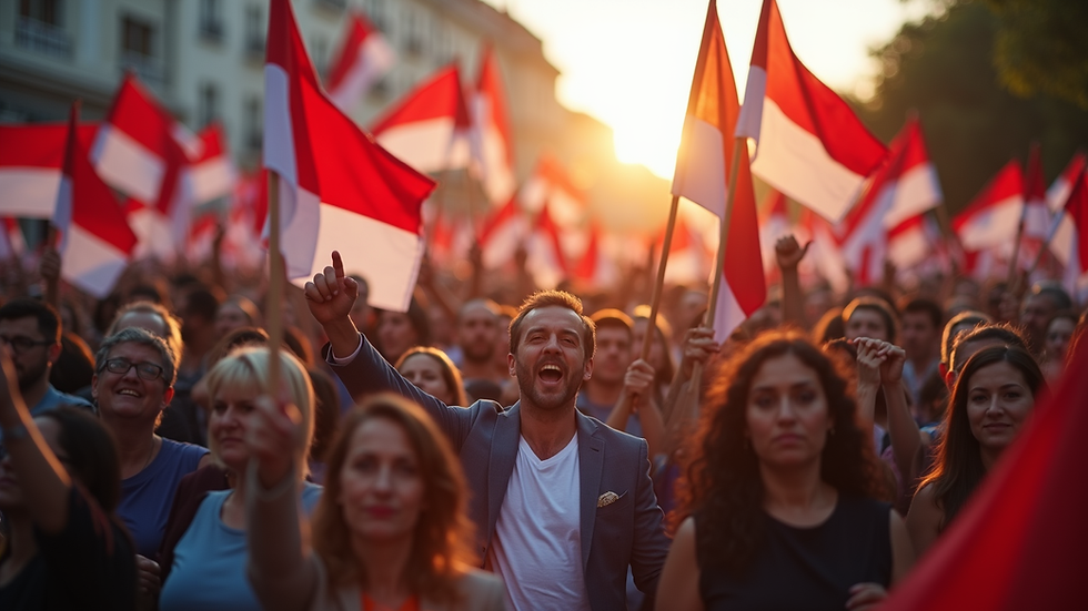 Eye-level view of a political rally with supporters holding flags