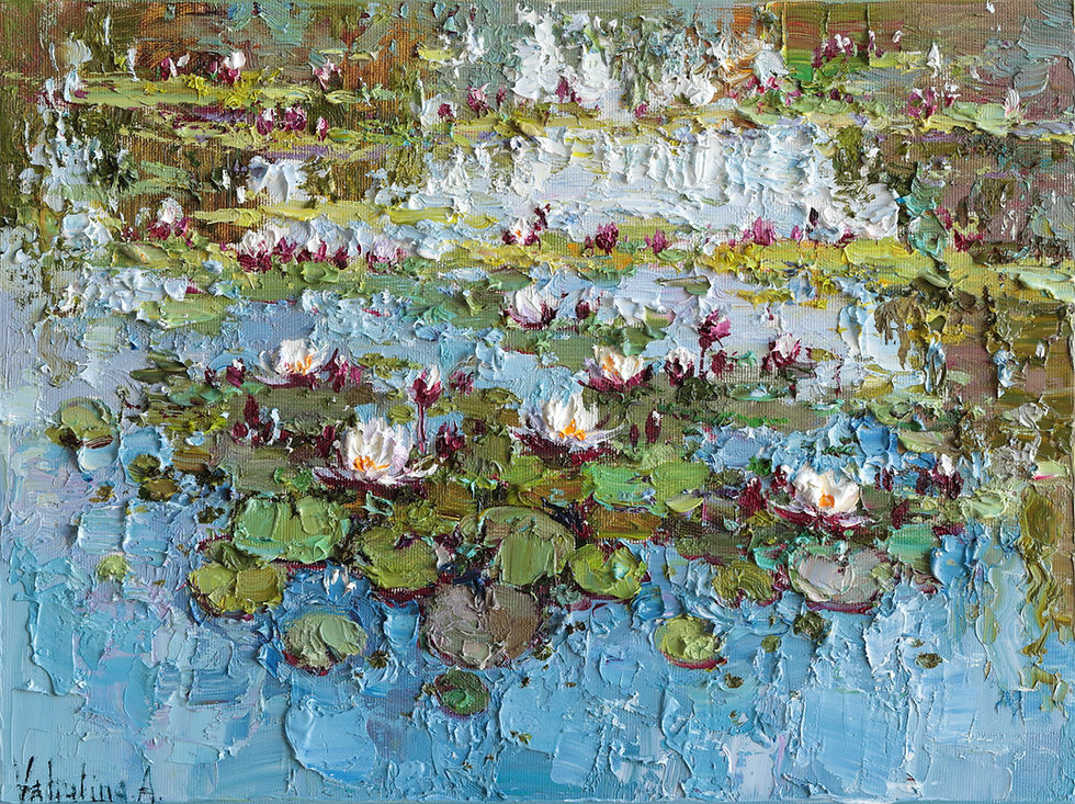 Water lilies in the pond original impasto oil painting