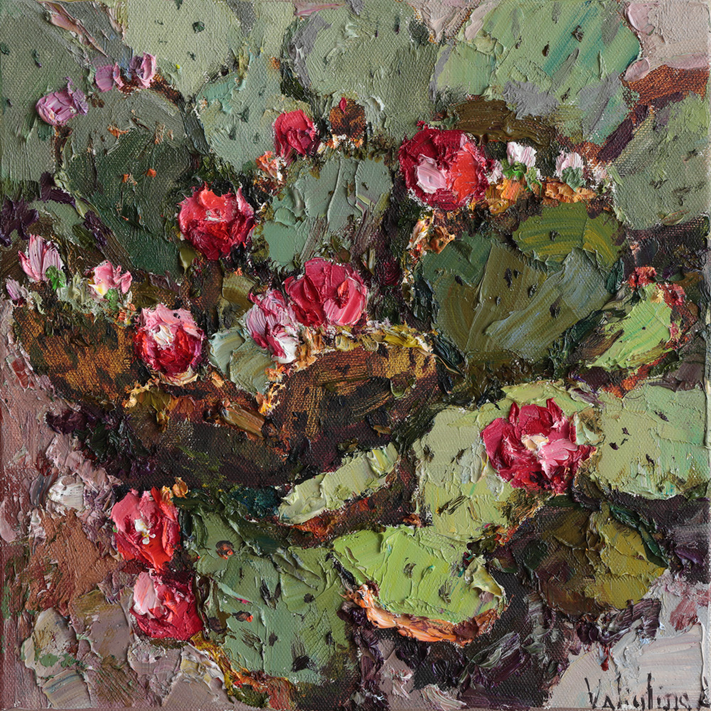 Contemporary impressionist painting of blooming cactus with rich palette knife texture.