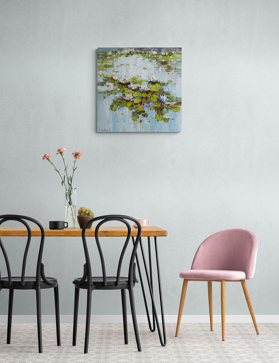 Thumbnail: Botanical wall art with pond scene in elegant dining room