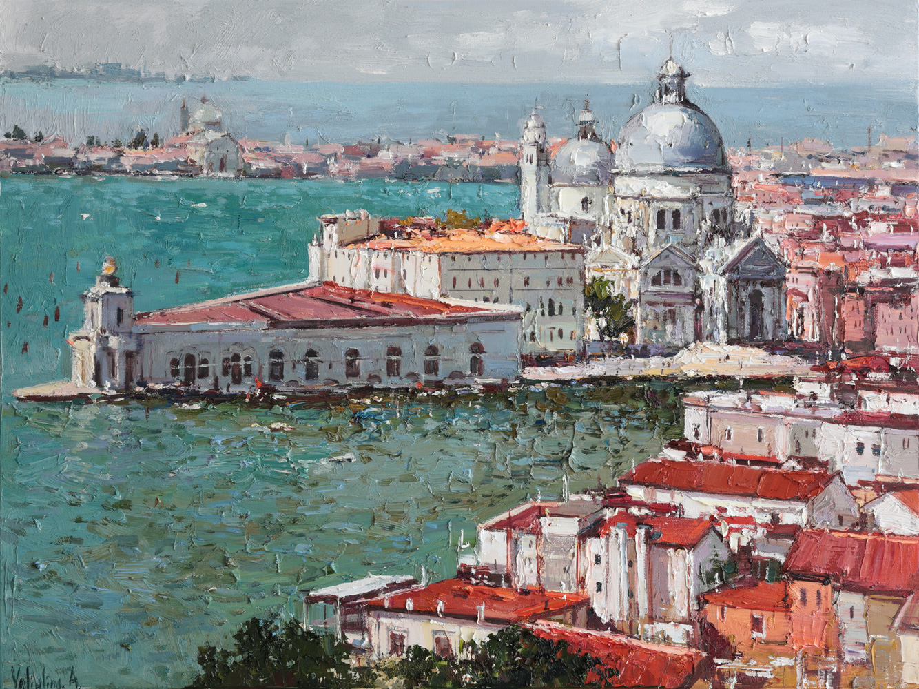 Santa Maria della Salute Venice oil painting with colorful rooftops and water