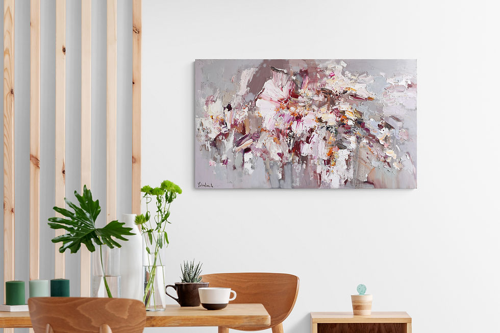 Thumbnail: Abstract white flowers artwork hanging above a sofa in stylish home decor
