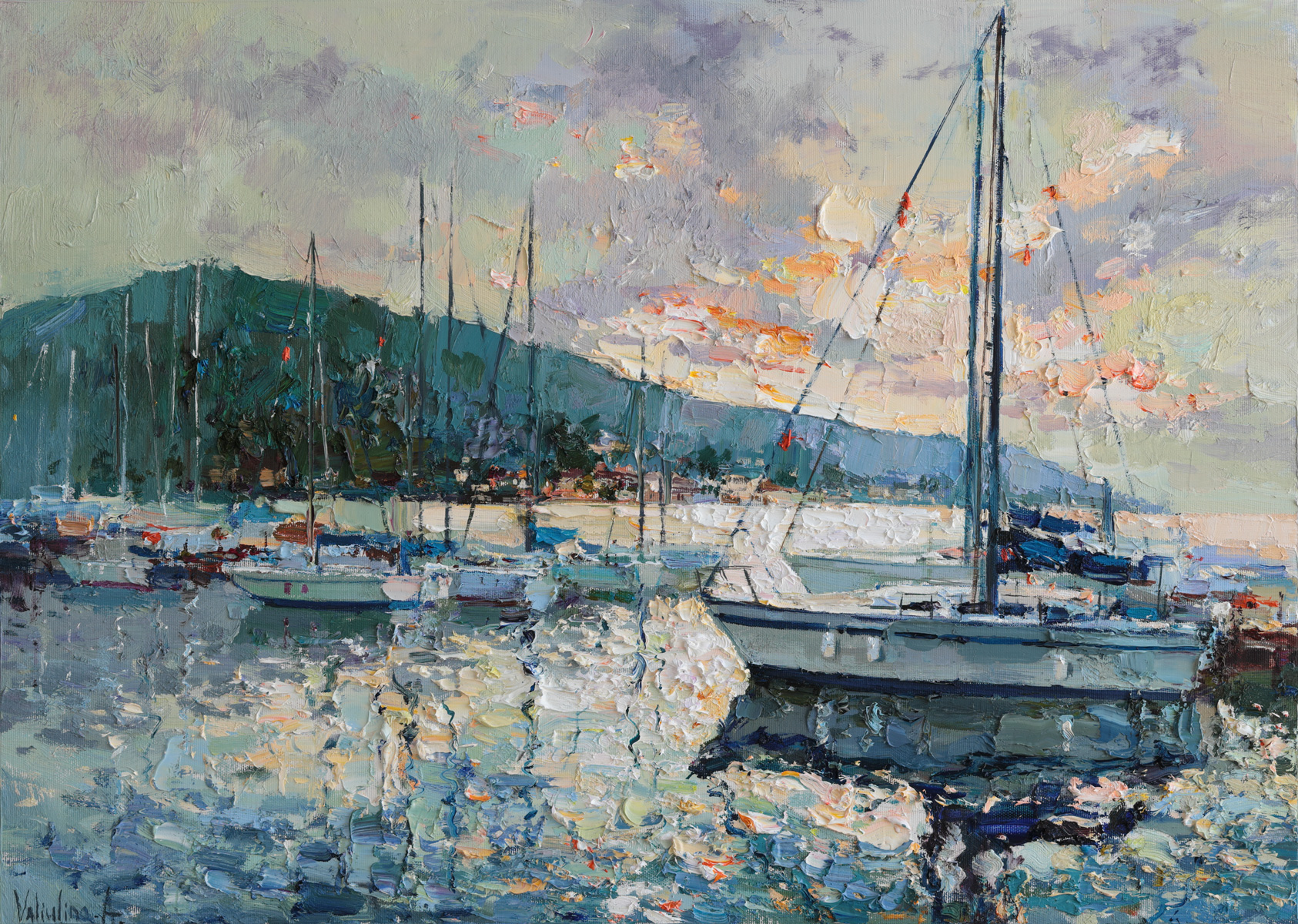 Harbor with yachts at sunset oil painting