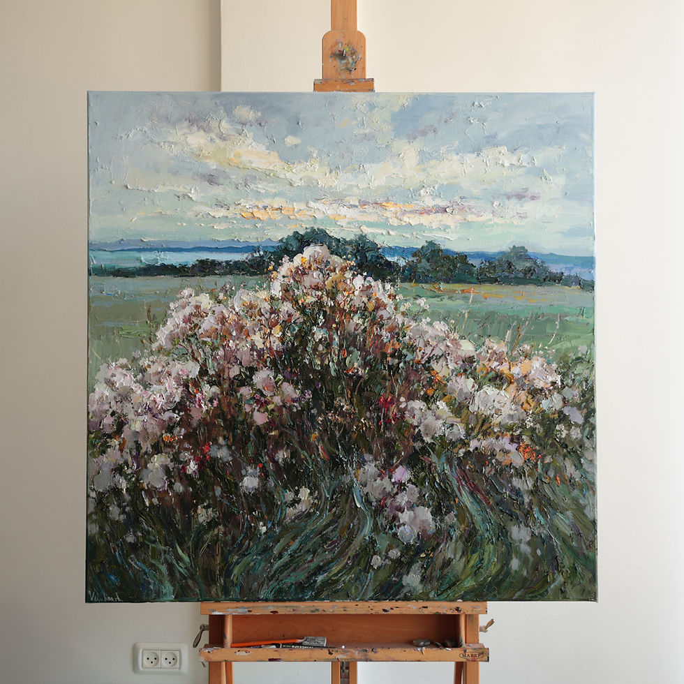 Thumbnail: Impasto oil painting of a blooming wildflower bush against a golden evening sky