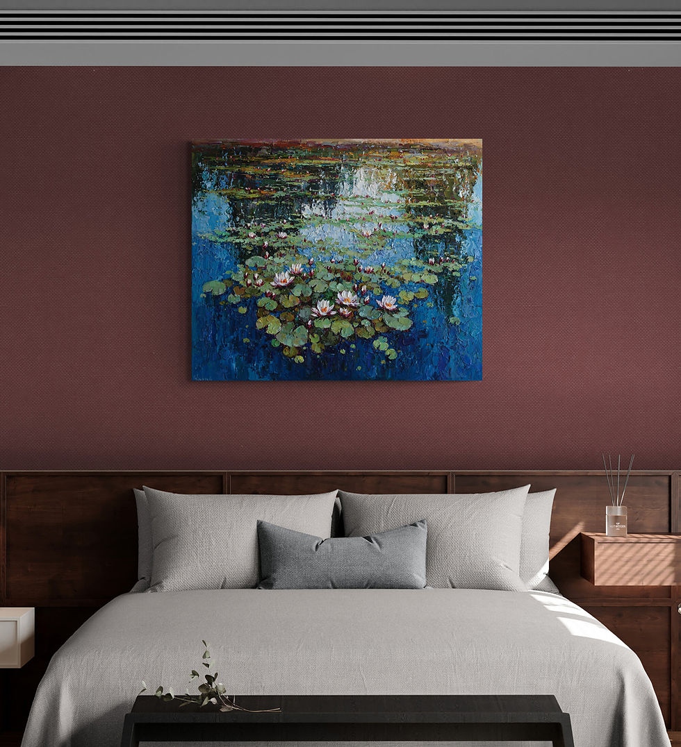 Thumbnail: White water lilies painting shown in a modern apartment interior