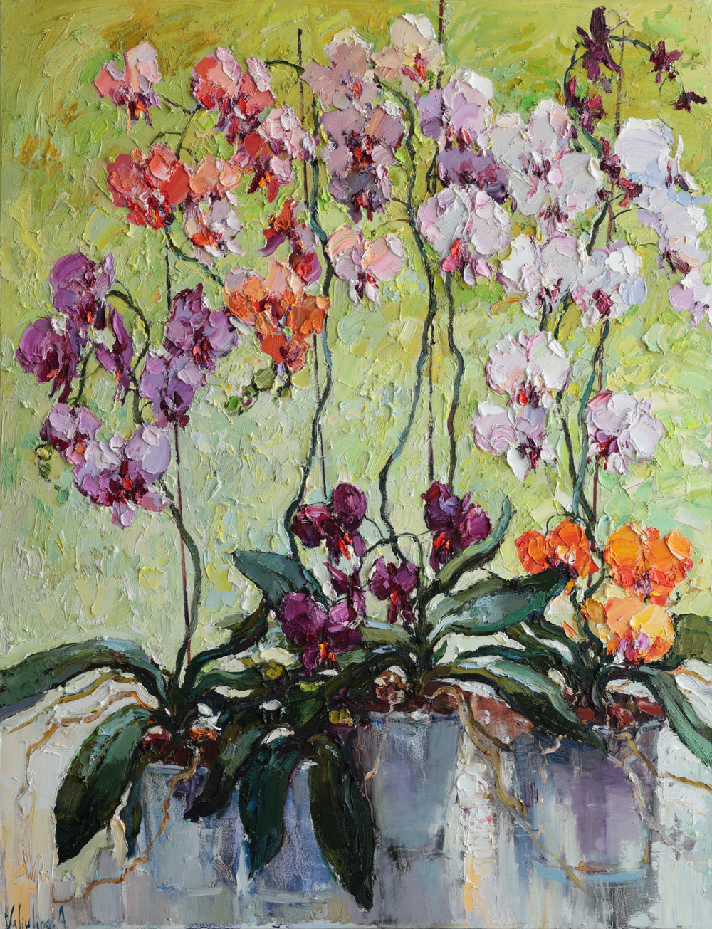 Impressionist orchid painting with colorful blossoms and expressive palette knife texture.