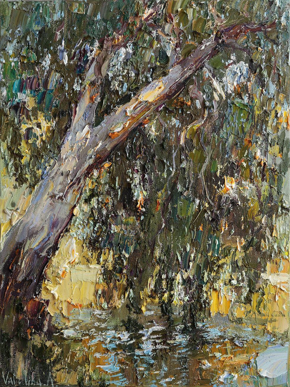 Impressionist oil painting of a riverside tree on the Yarkon River in Tel Aviv