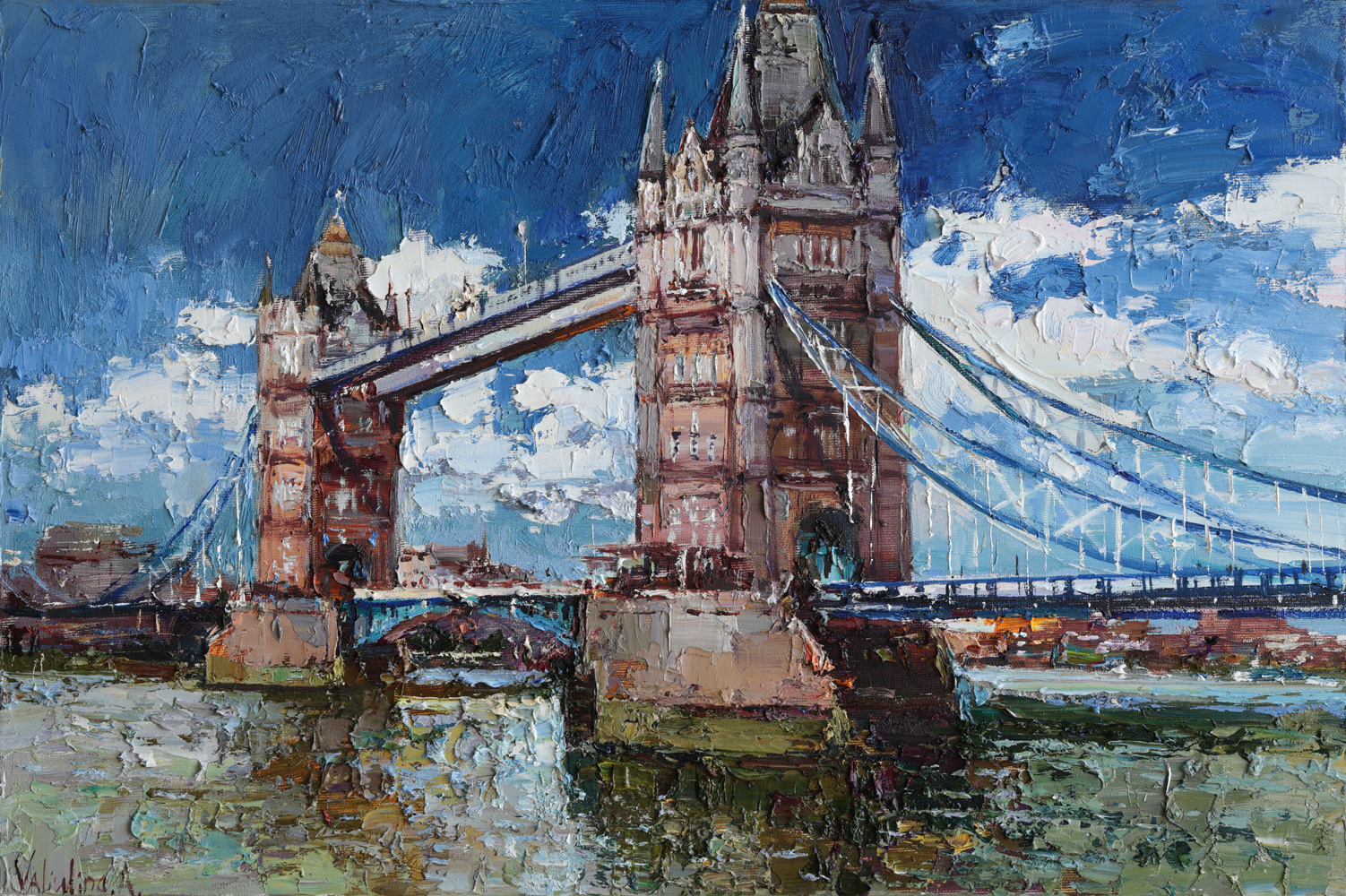 Original oil painting of Tower Bridge in London with reflections on the River Thames.