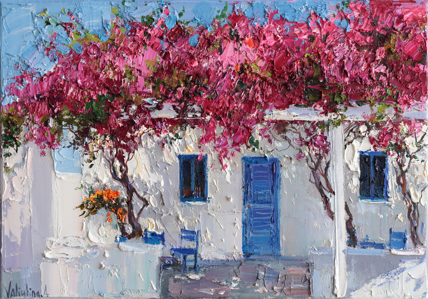 Impressionist oil painting of Santorini architecture with flowers