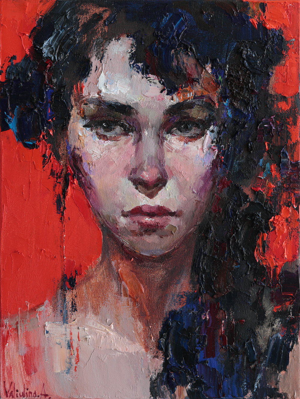 Contemporary abstract female portrait with intense gaze and expressive brushwork.