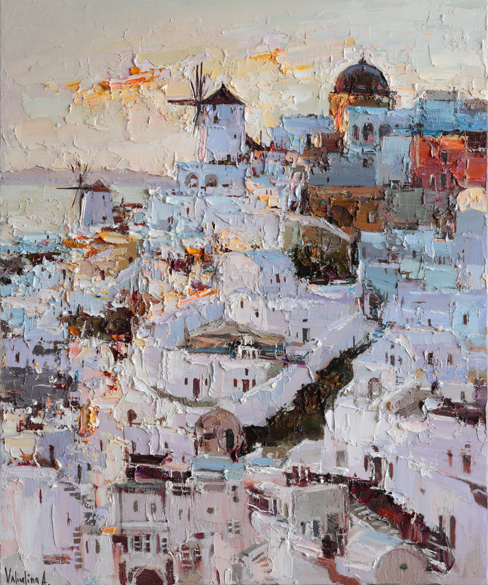 Impressionist oil painting of Santorini architecture
