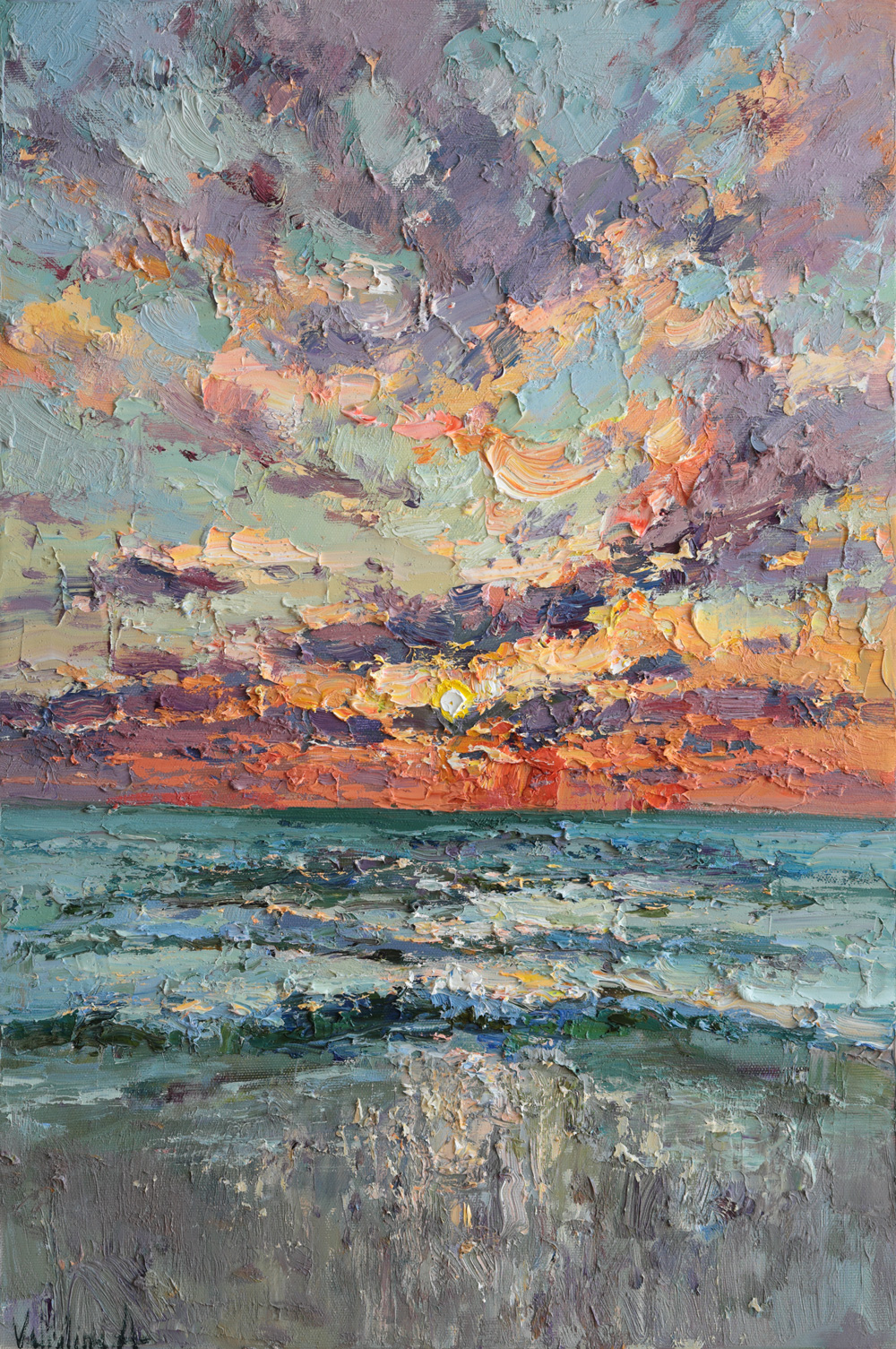 Original impasto oil painting of a sunset over the sea with vibrant clouds