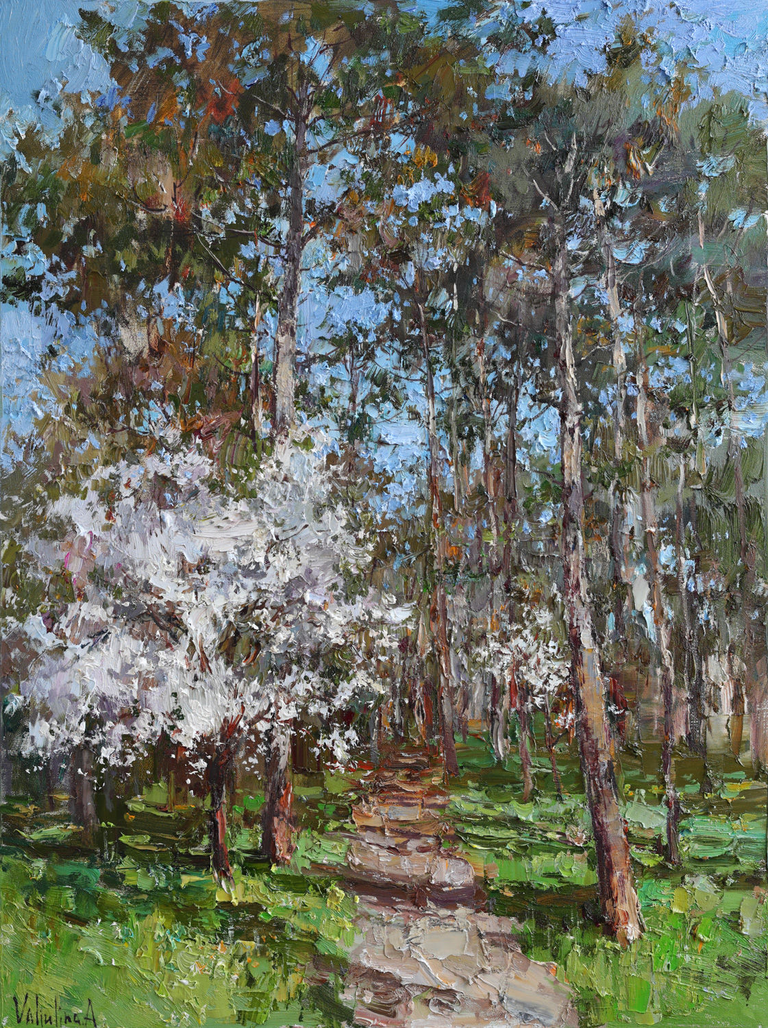 Spring forest oil painting with blooming trees and sunlight