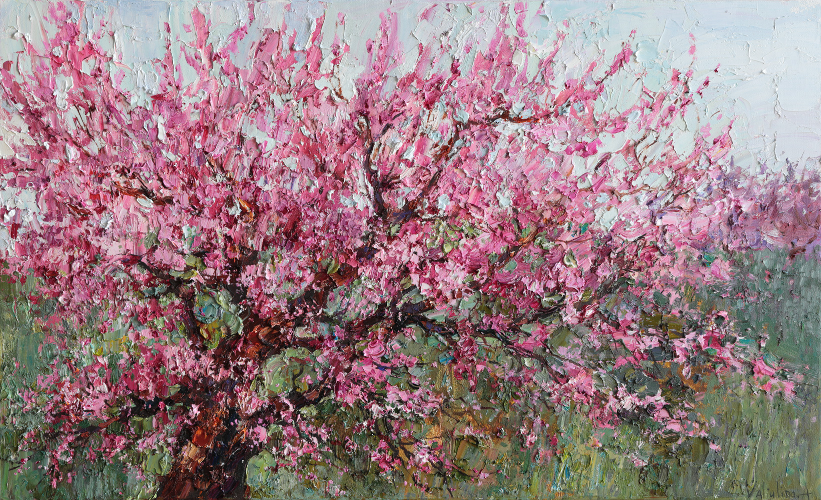 Peach blossom oil painting with thick palette knife texture