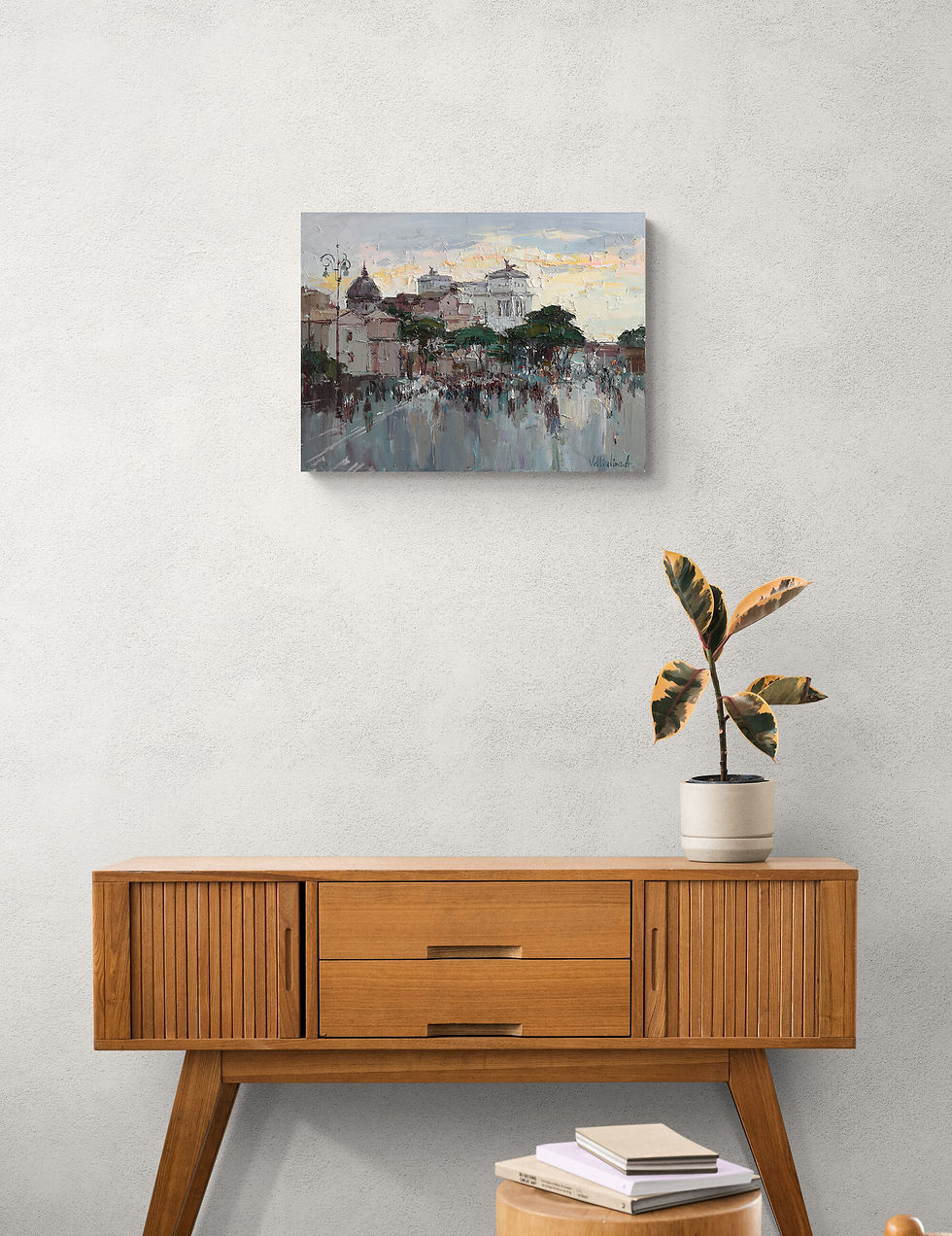Thumbnail: Sunset cityscape artwork in a refined apartment living area