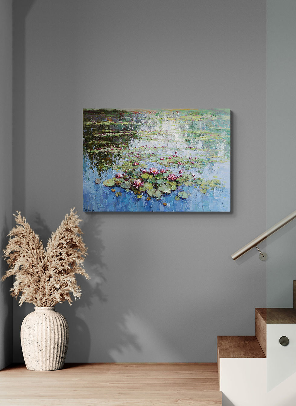 Thumbnail: Water lily pond painting adding color to minimalist decor