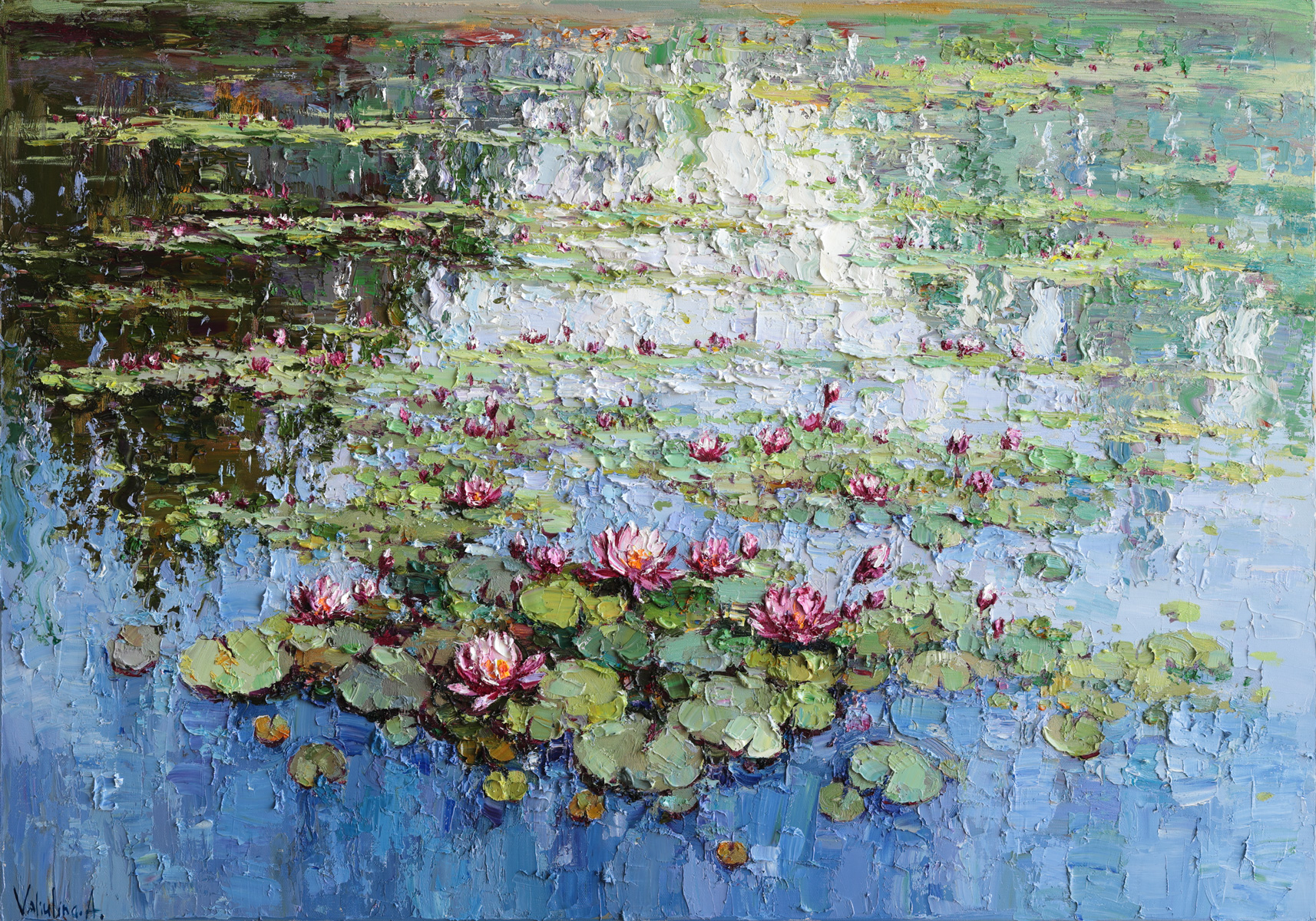Impasto oil painting of blooming pink lilies on water