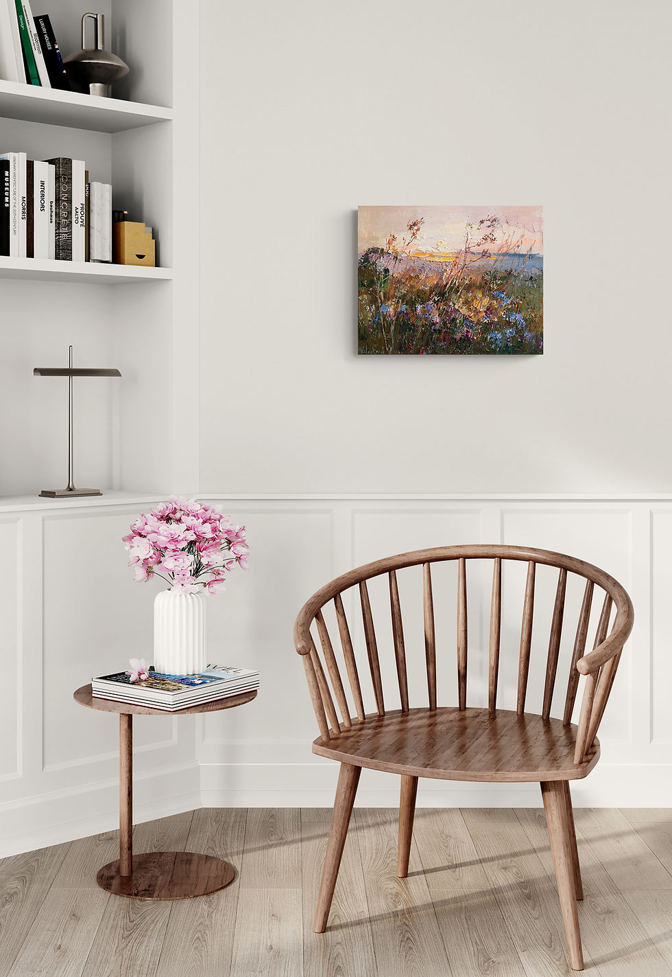 Thumbnail: Original floral painting enhancing a calm reading nook