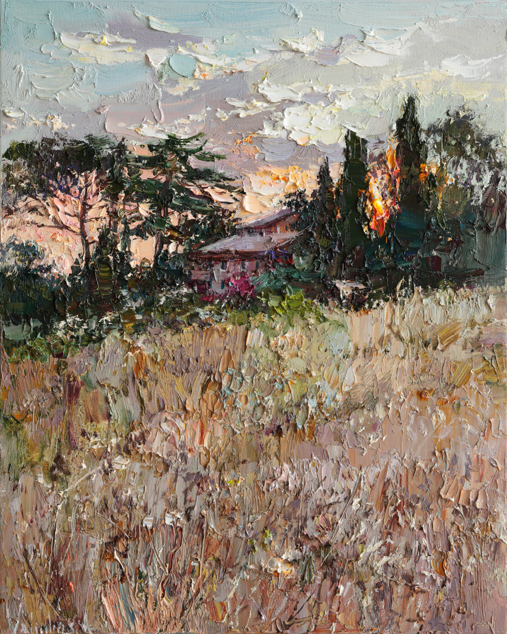 Italian countryside sunset oil painting with thick palette knife texture