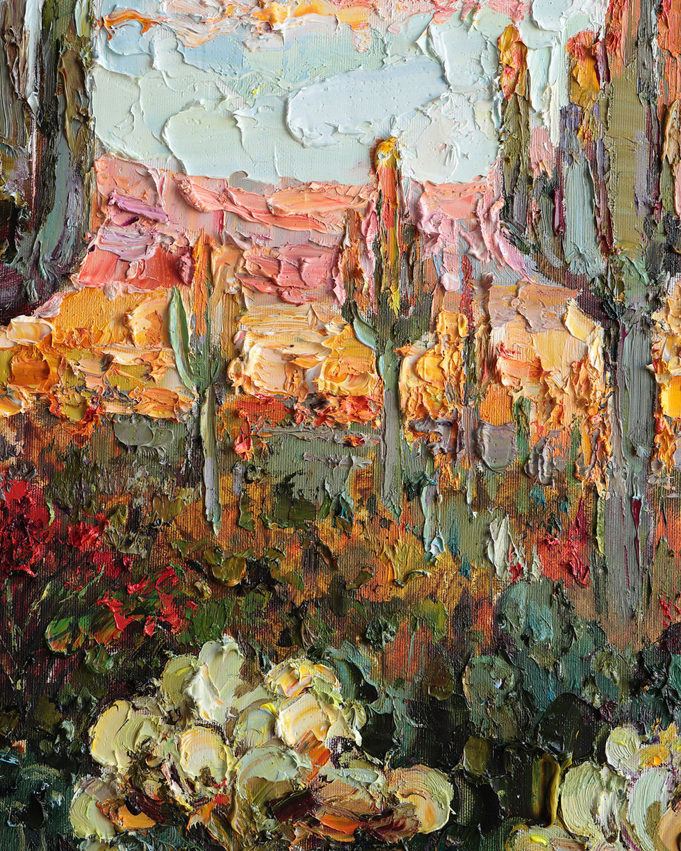 Thumbnail: Close-up of textured desert flowers and warm sunset colors in oil painting
