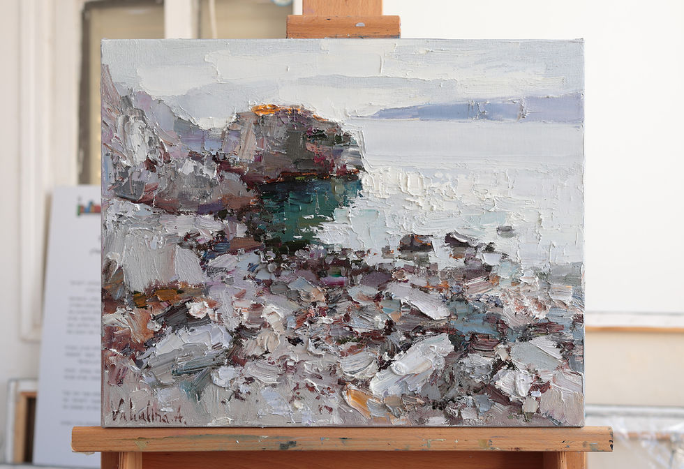 Thumbnail: Textured oil painting of sandy seashore and waves