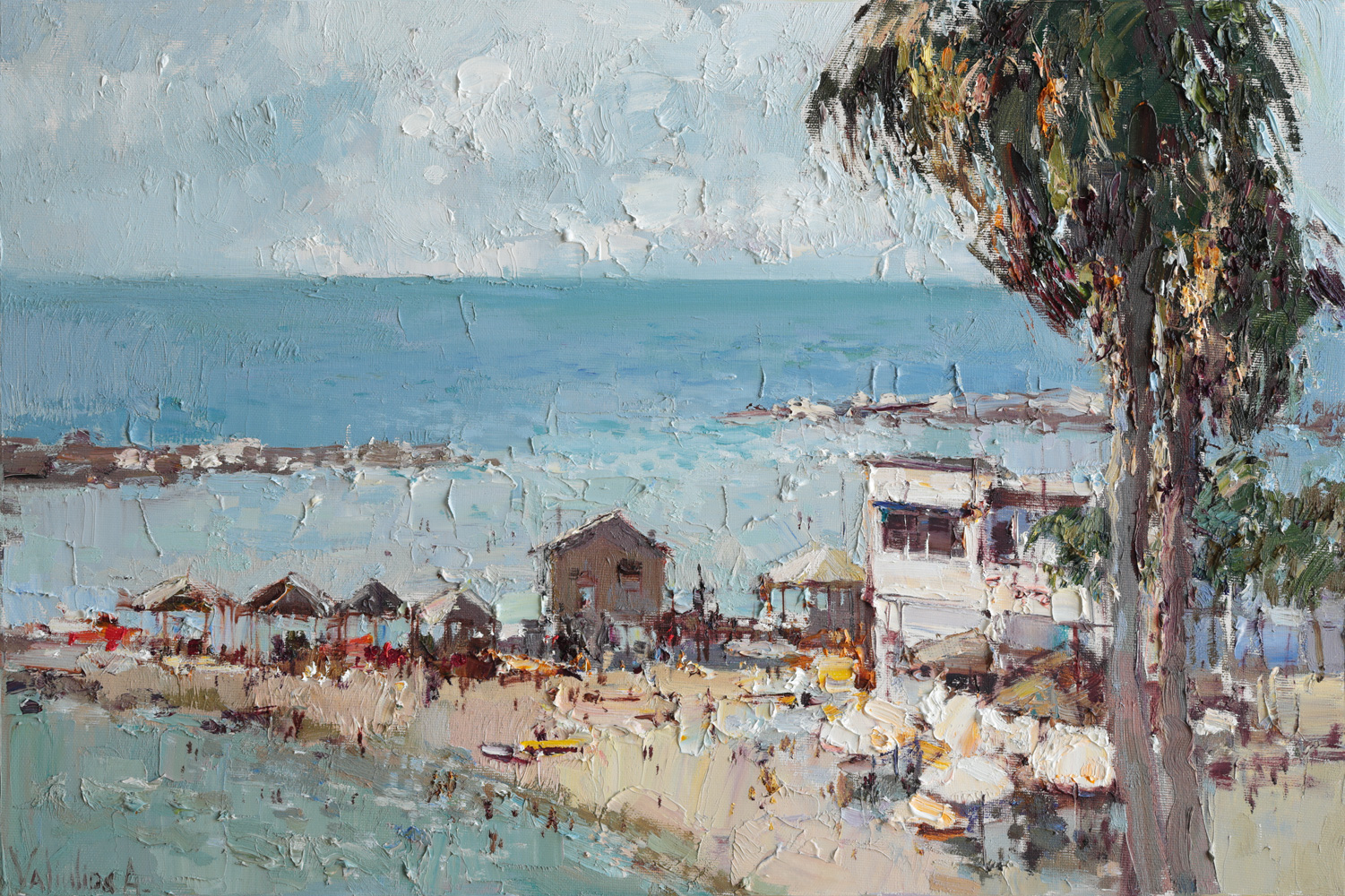 Oil painting of a crowded summer beach in Tel Aviv with turquoise water