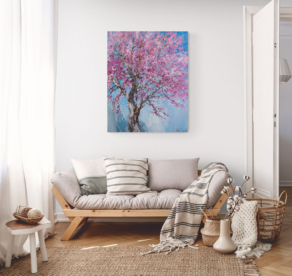 Thumbnail: Original flowering tree painting hanging above a sofa in a minimalist interior
