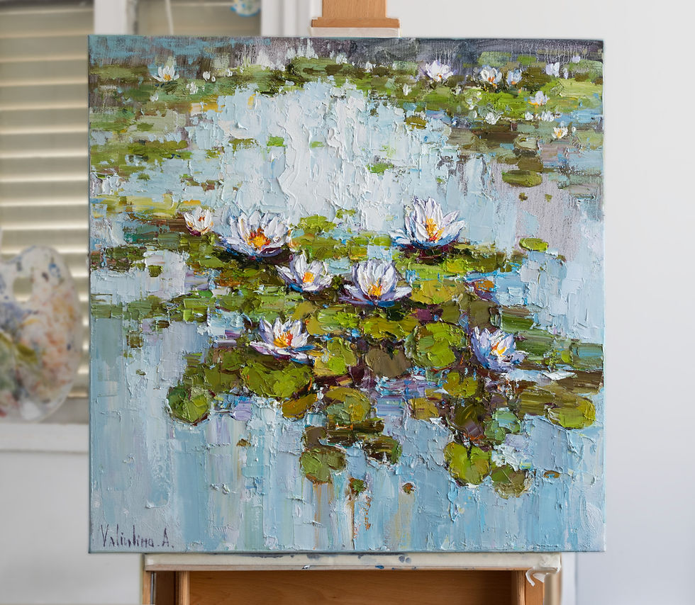 Thumbnail: Textured oil painting of water lilies floating on pond water