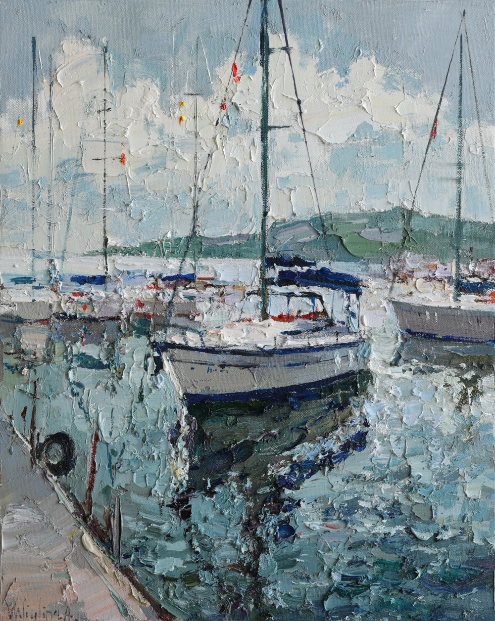Impressionist harbor painting with sailboats and shimmering water reflections.