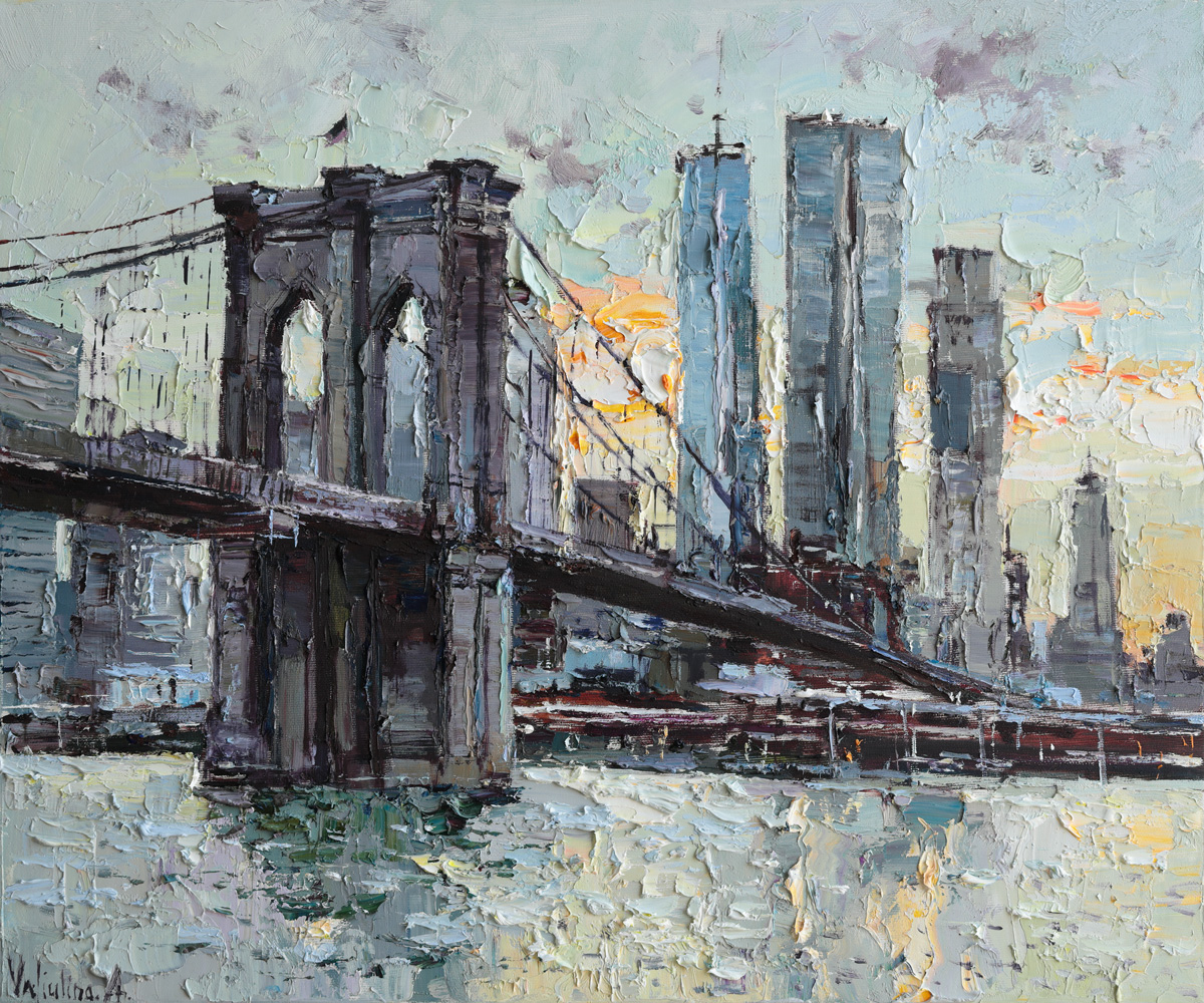 Brooklyn Bridge cityscape painting with expressive palette knife texture