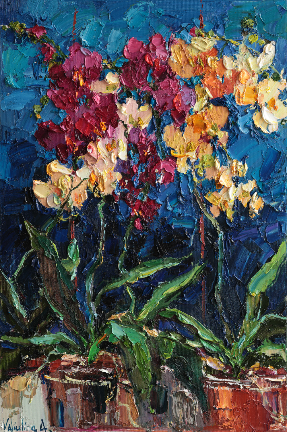 Textured oil painting of blooming orchids on canvas