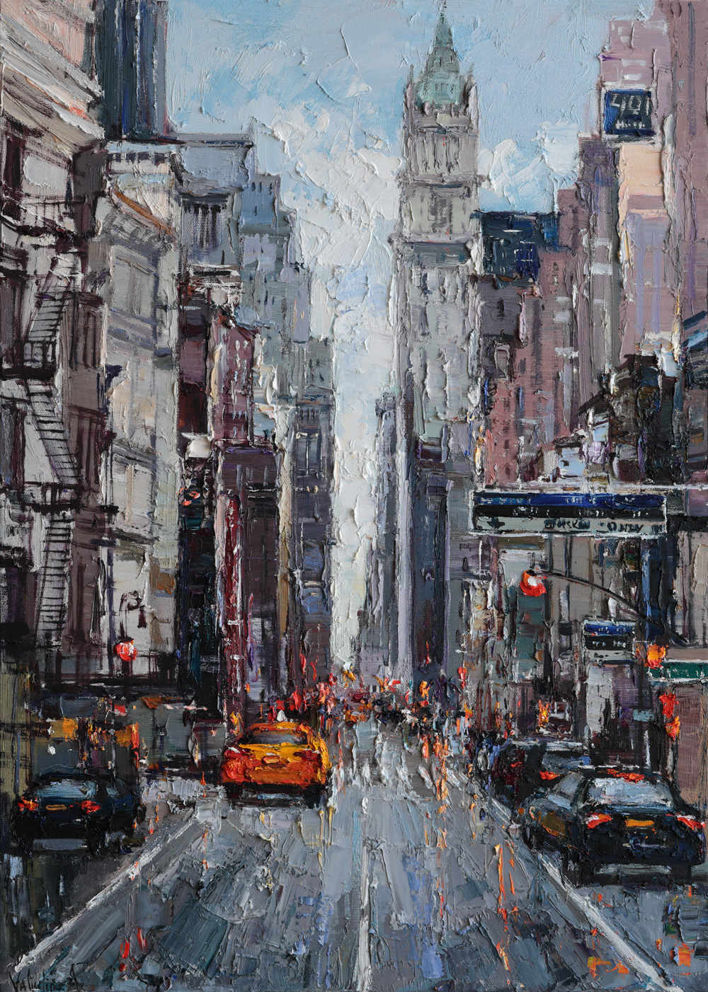 Impressionist cityscape with yellow taxi, skyscrapers, and atmospheric street reflections.