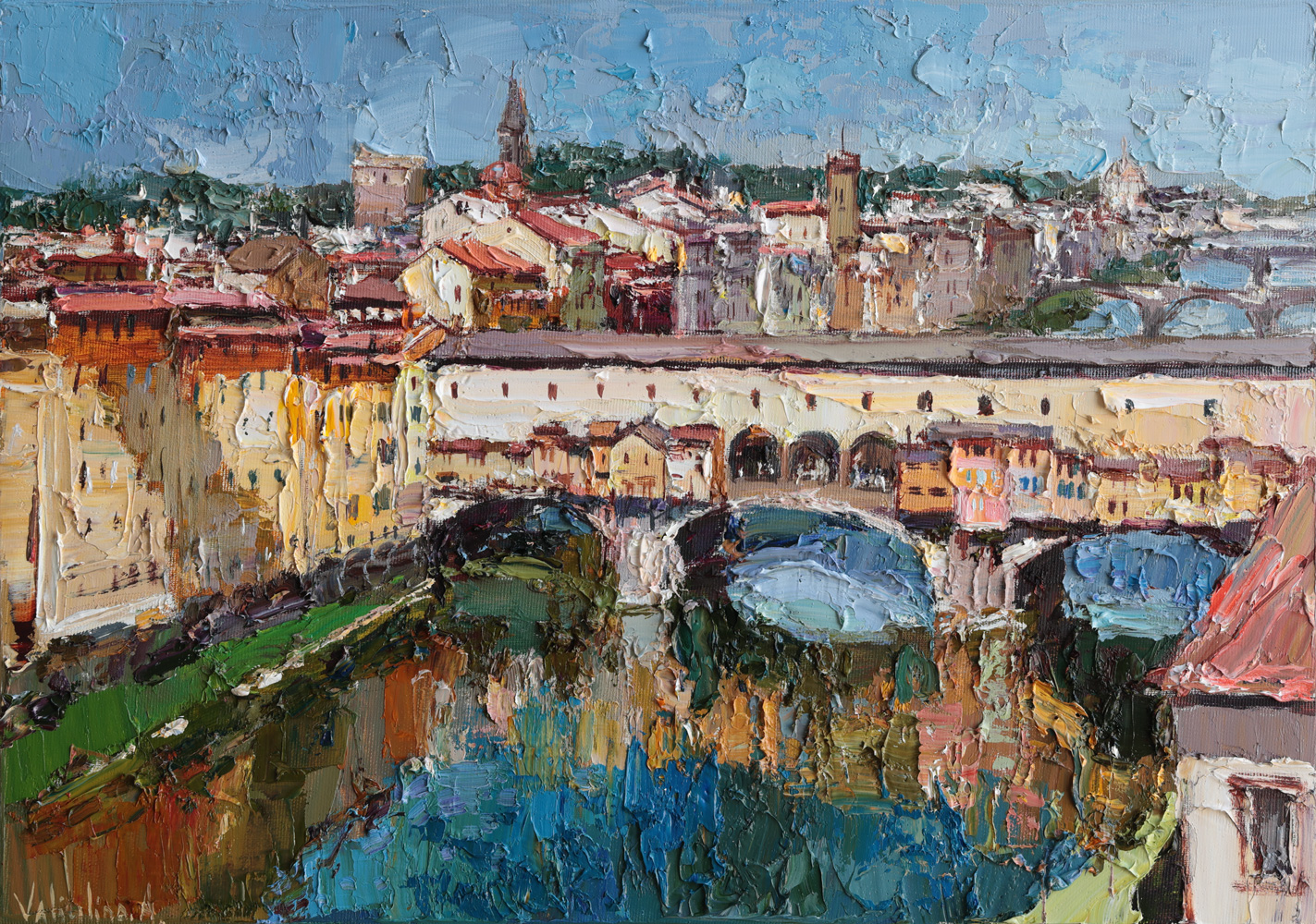 Florence Italy landscape painting featuring Ponte Vecchio bridge and old city architecture
