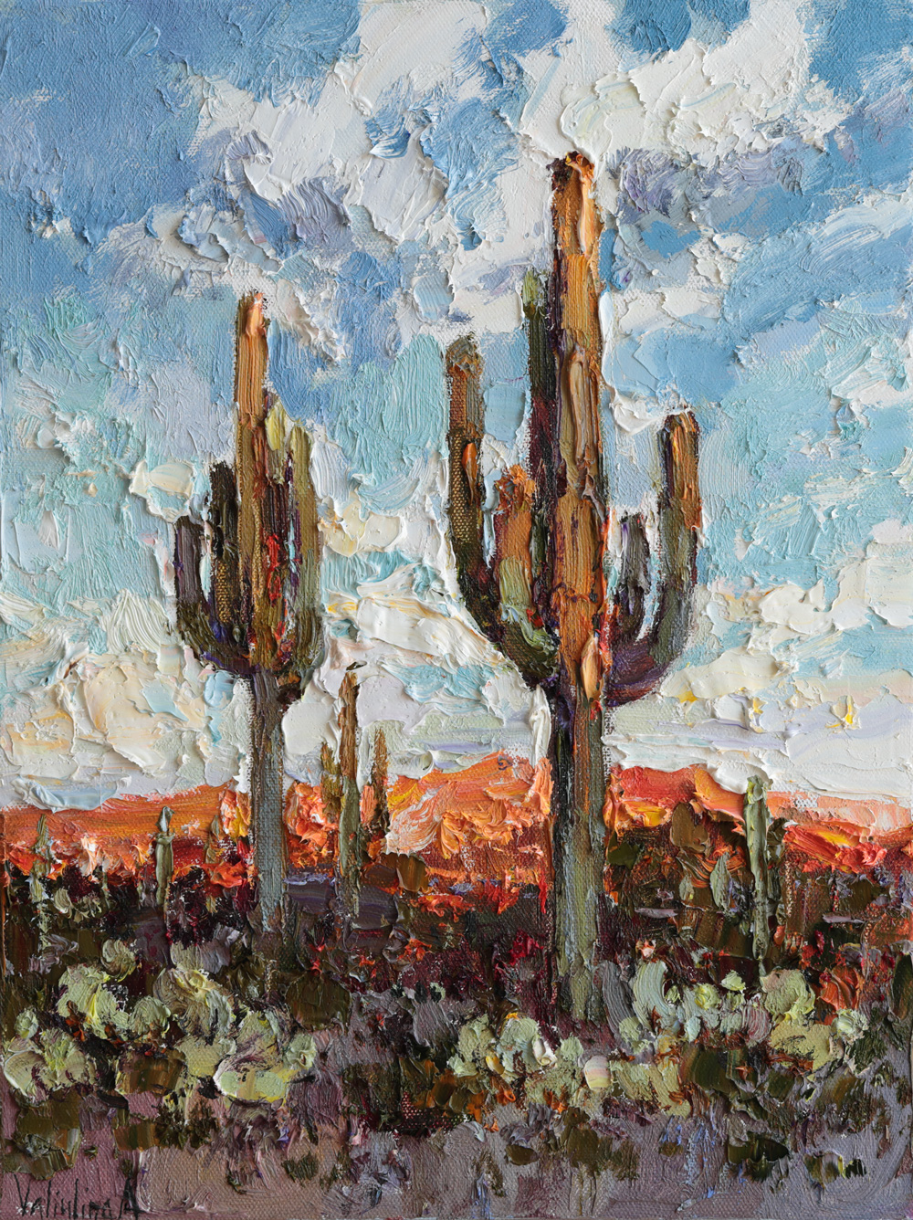 Impressionist desert artwork depicting saguaro cacti under a dramatic sunset sky.