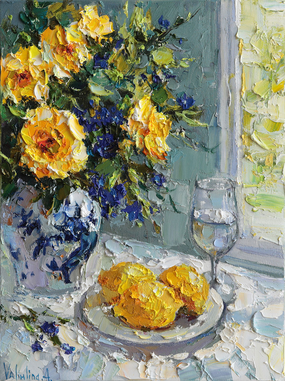 Still life oil painting with flowers and lemons