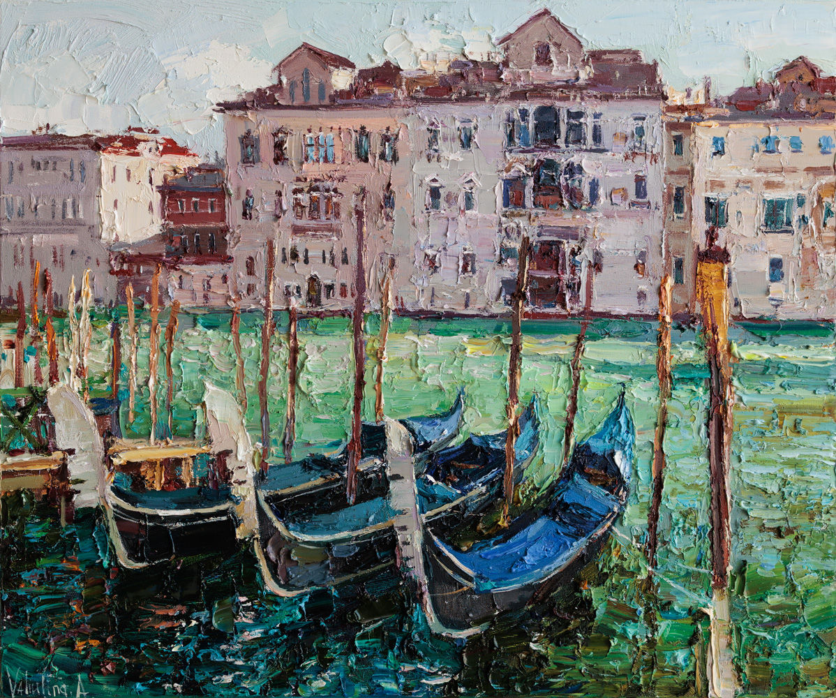 Gondolas in Venice oil painting with thick texture