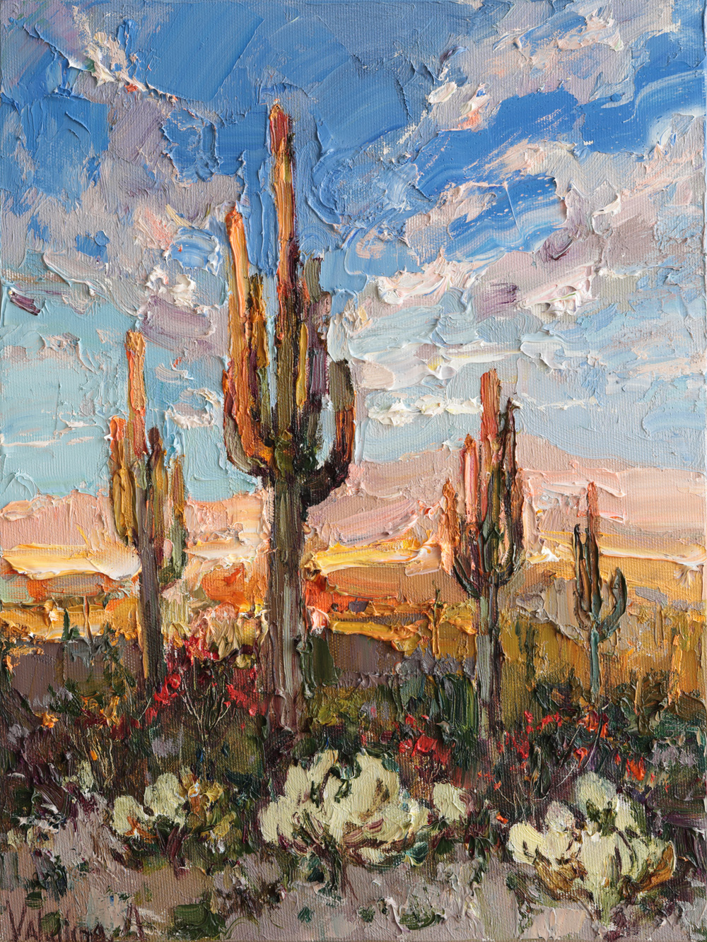 Desert cactus oil painting with sunset sky