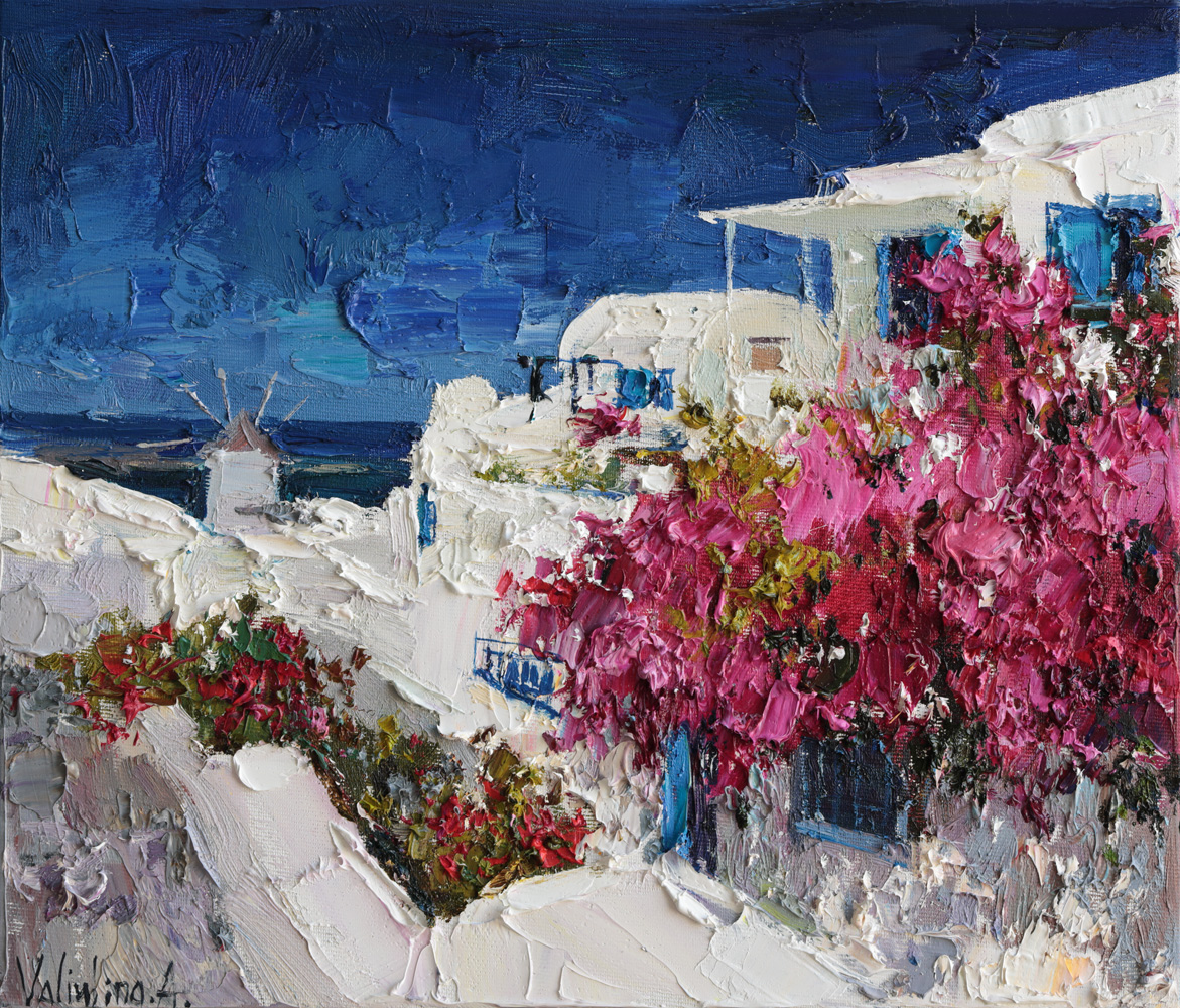 Santorini Greece oil painting with pink bougainvillea