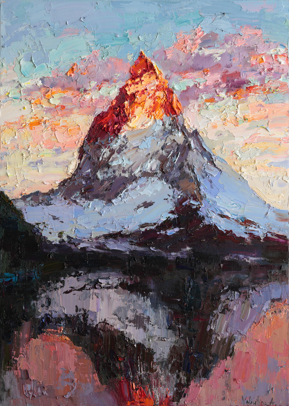 Matterhorn mountain at sunrise oil painting with textured impasto