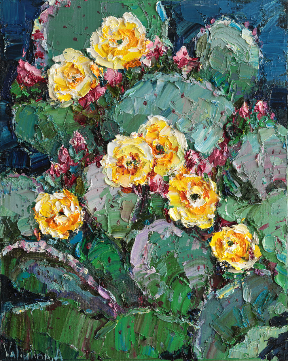 Original cactus flower oil painting in impasto style