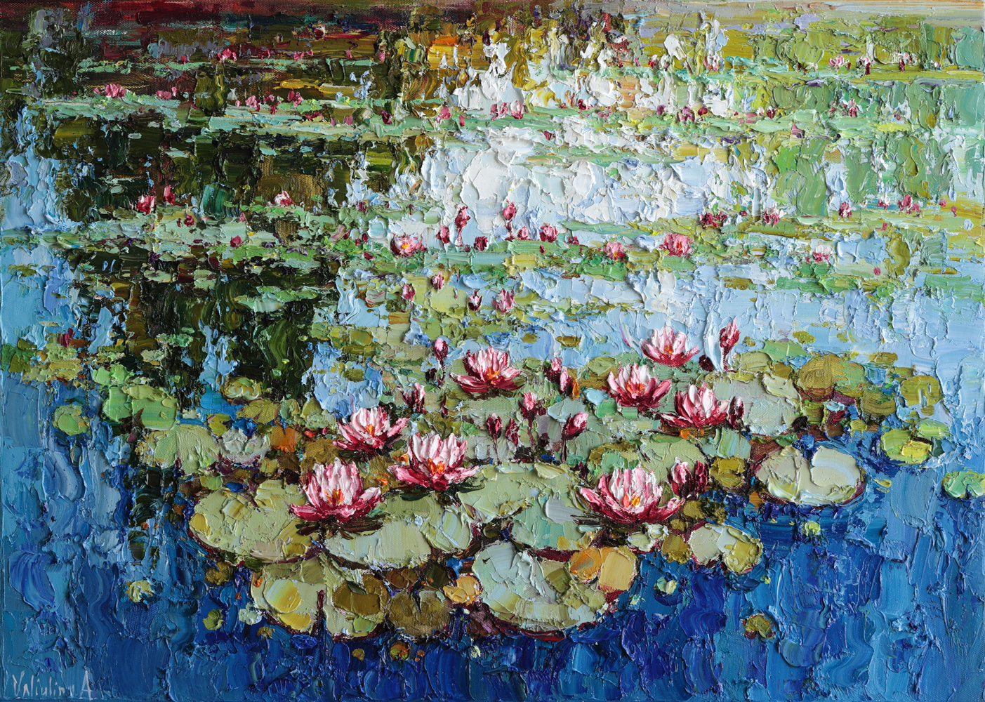 Serene pond with pink water lilies in impressionist style artwork