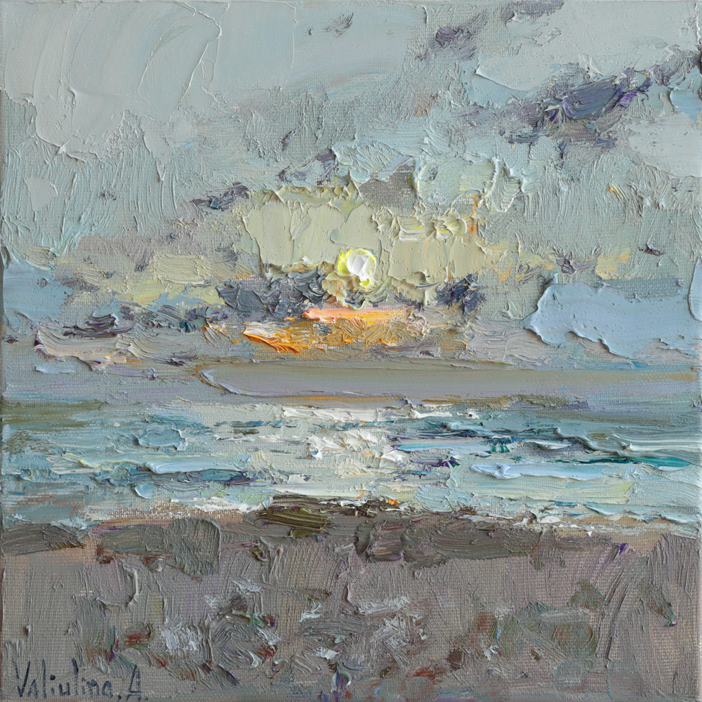Coastal landscape oil painting capturing the warm glow of evening light.