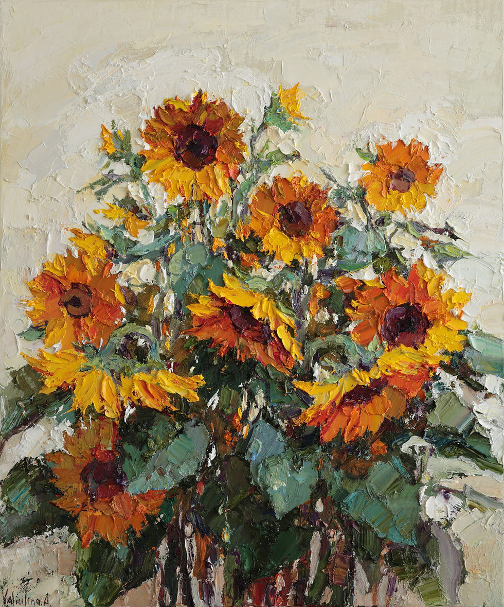 Original impasto oil painting of a bouquet of golden sunflowers on a cream background
