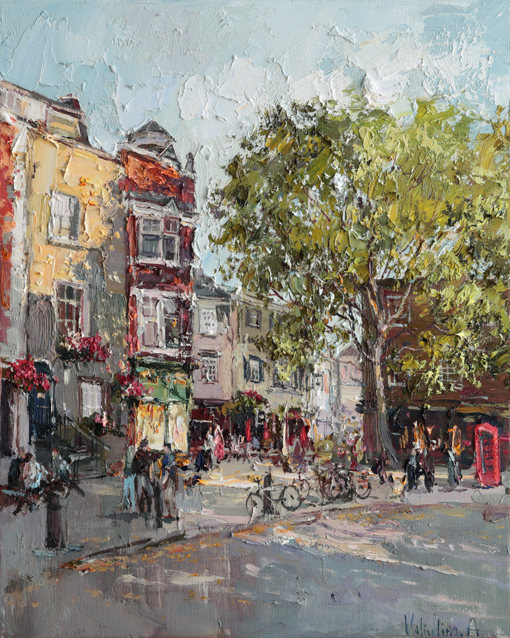 Textured oil painting on canvas depicting a Richmond, London street corner in sunlight